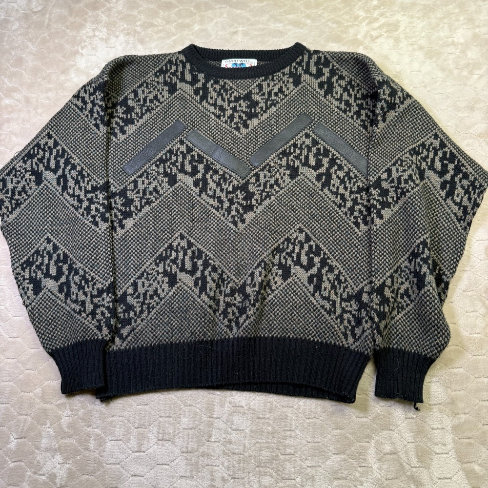 VTG 80s 90s Chartwell Knit Sweater Sz XL Leather Chunky‎ Knit See Pics